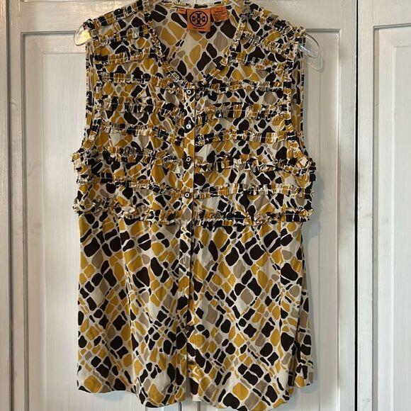 Tory Burch 100% Silk Yellow and Black Ruffled Sleeveless Blouse - Size 10 - Picture 8 of 8